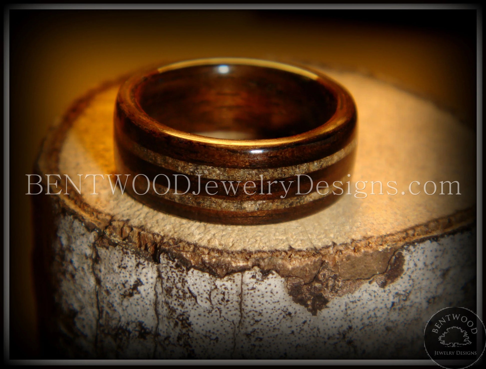 Bentwood Ring - Macassar Ebony Wood Ring with Double Sand Inlay handcrafted bentwood wooden rings wood wedding ring engagement
