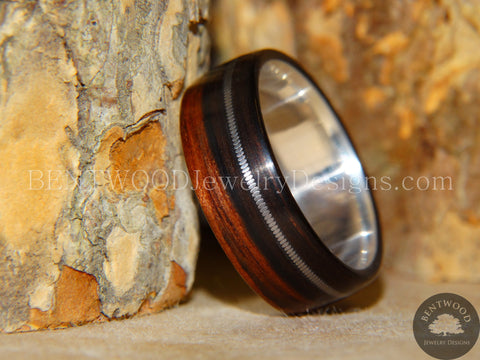 Bentwood Ring - Ebony Wood Ring with Fine Silver Core and Thick Silver Guitar String Inlay