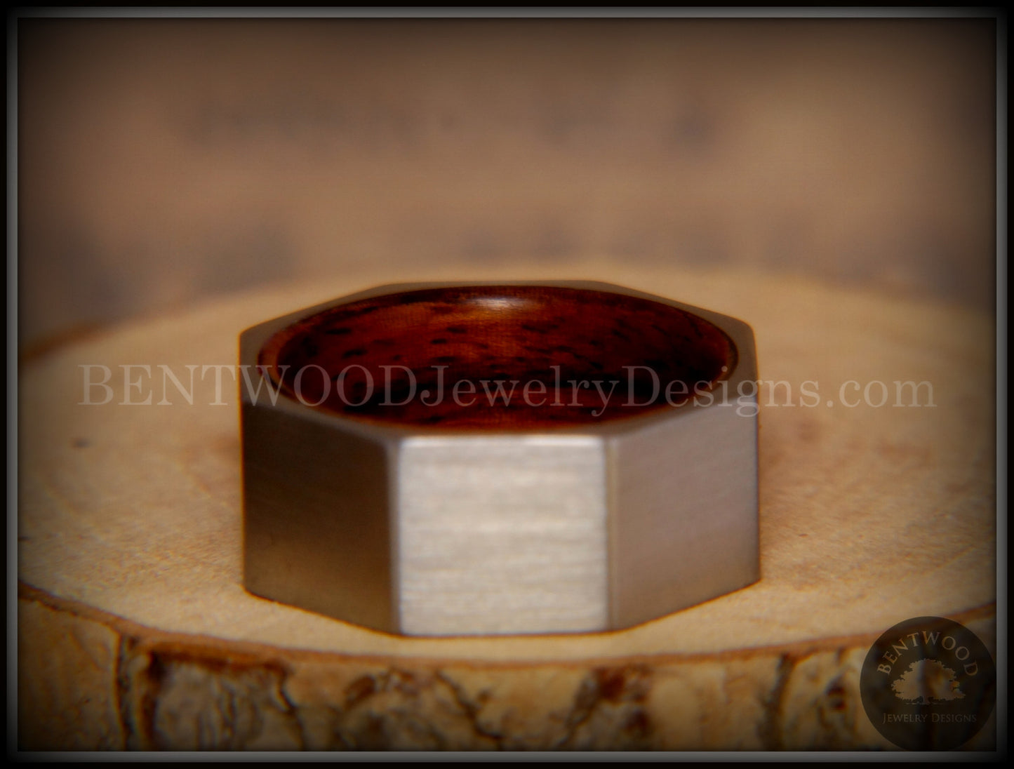 Bentwood Ring - Brushed Stainless Steel Octogon on Bent Rosewood Comfort Fit Core handcrafted bentwood wooden rings wood wedding ring engagement
