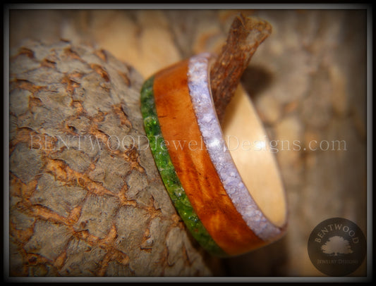 Bentwood Ring - Cherry with Maple Liner and Inlays of Aventurine and Charoite handcrafted bentwood wooden rings wood wedding ring engagement
