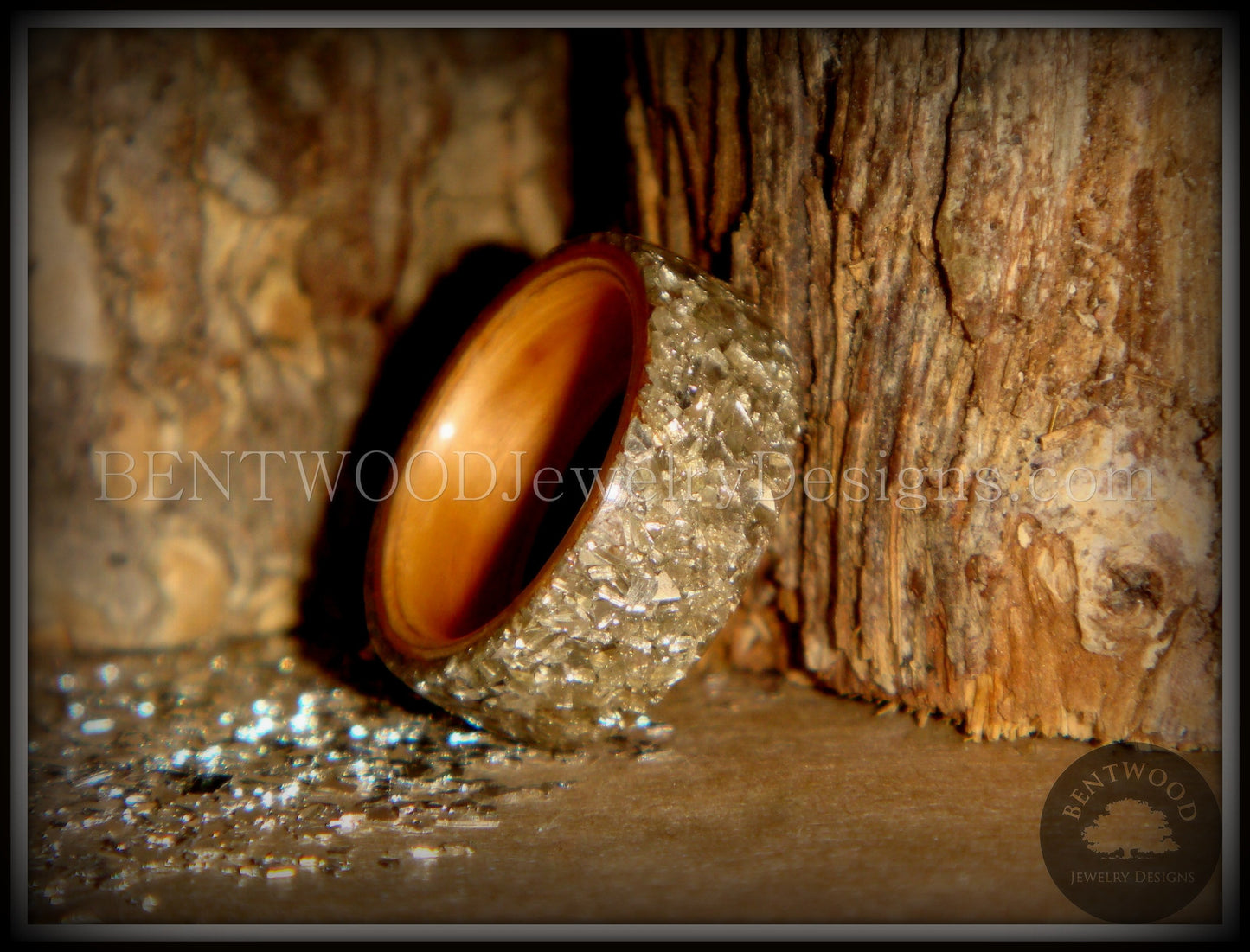 Bentwood Ring - Cherry Wood Ring with Full Silver Glass Inlay handcrafted bentwood wooden rings wood wedding ring engagement