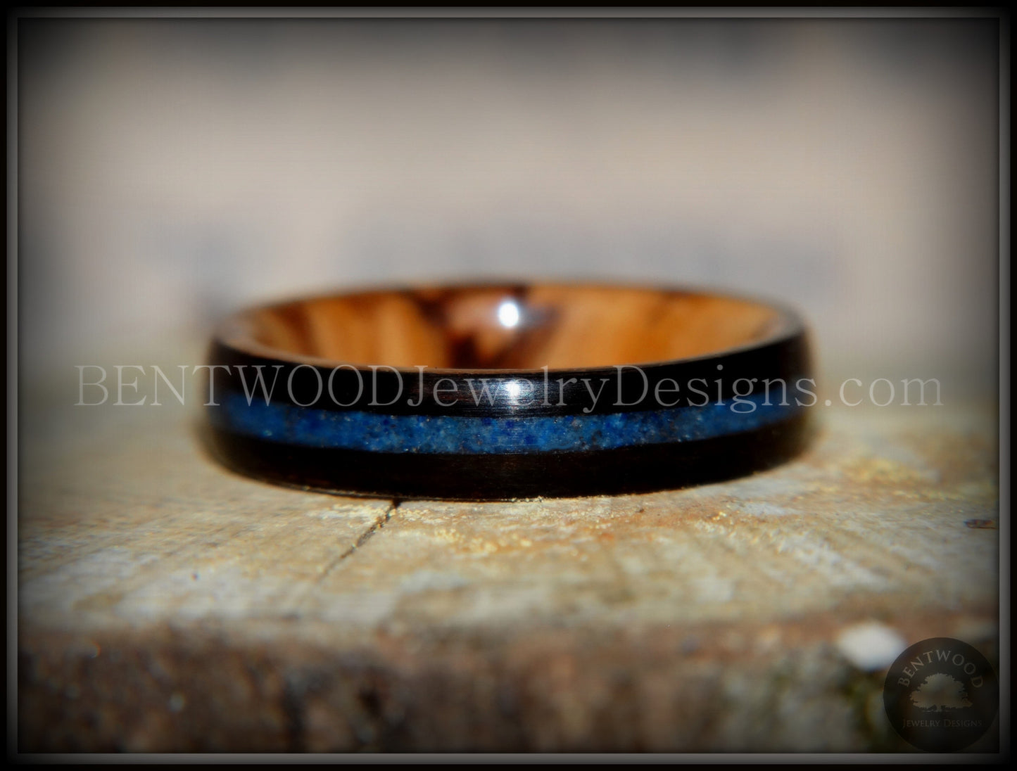 Bentwood Ring - Dark Ebony on Bethlehem Olivewood Core w/ Blue Lapis Inlay handcrafted bentwood wooden rings wood wedding ring engagement