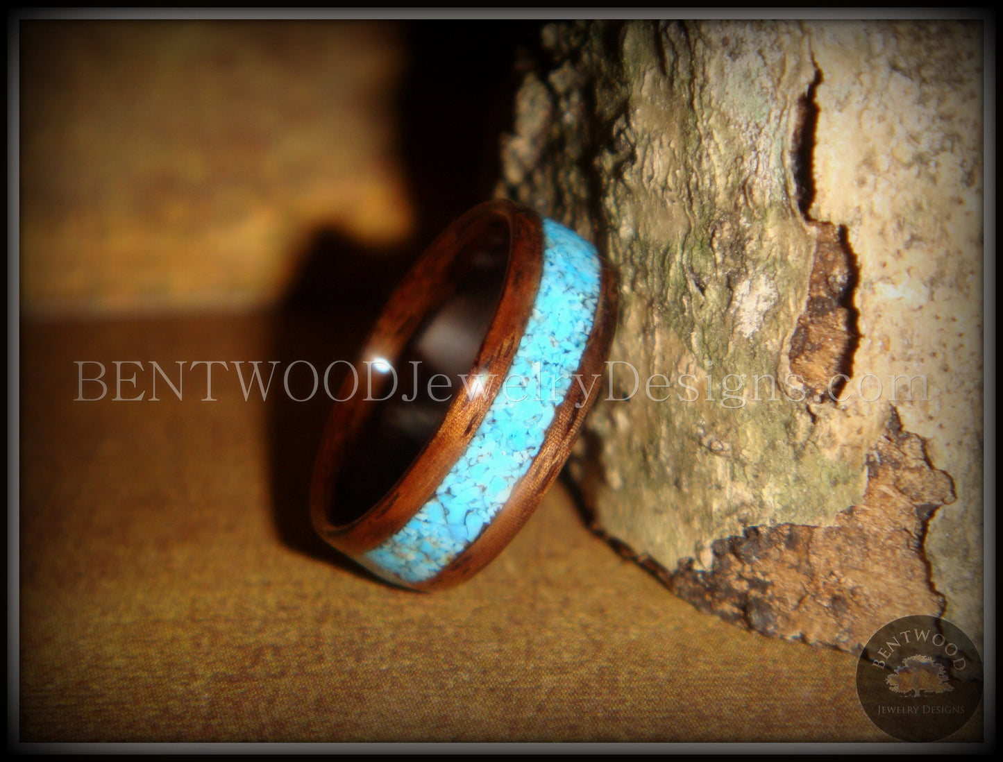 Bentwood Ring - E. Indian Rosewood Ring with Turquoise Inlay handcrafted bentwood wooden rings wood wedding ring engagement