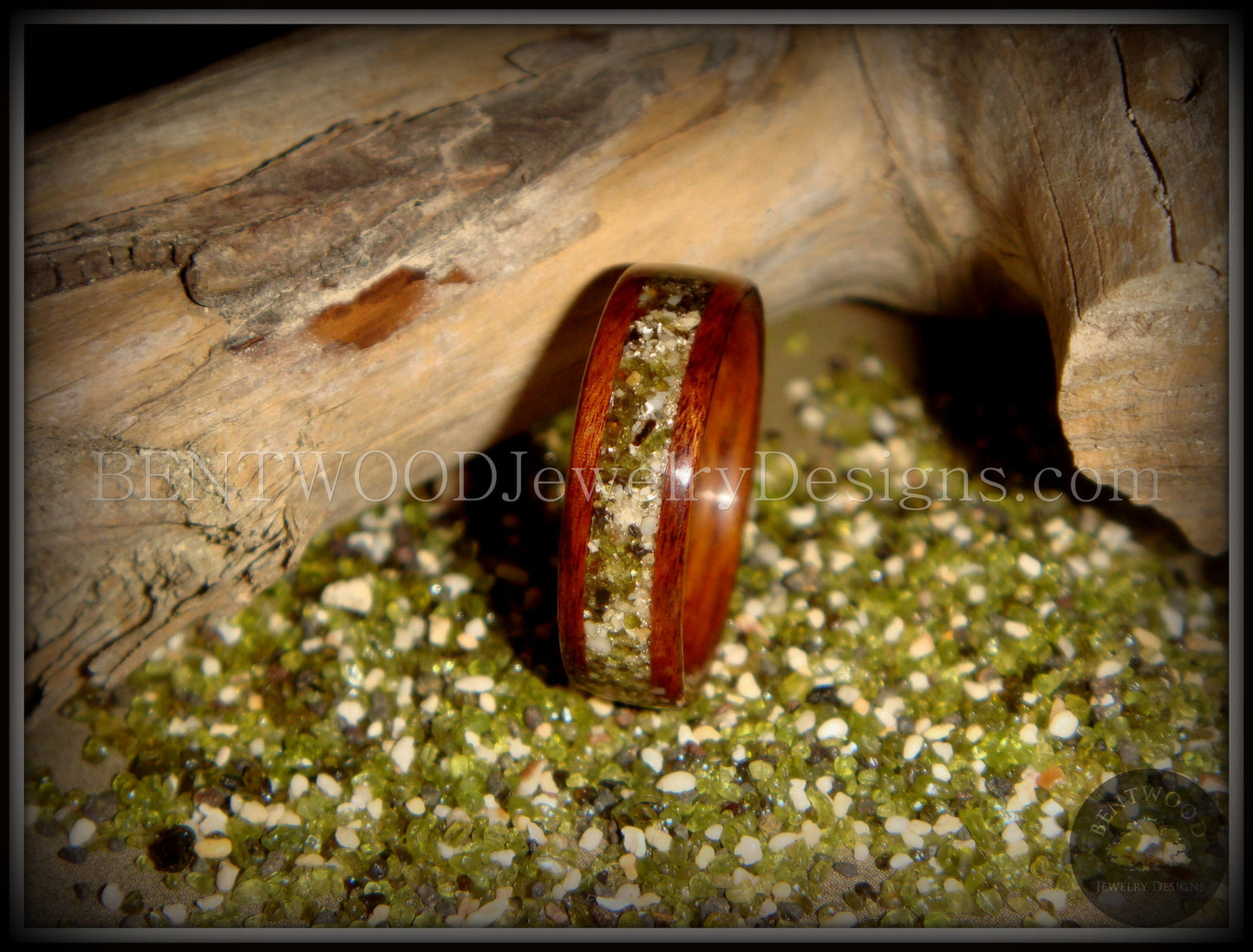 Bentwood Ring - Santos Rosewood Wood Ring with Hawaiian Papakolea Olivine Beach Sand Inlay handcrafted bentwood wooden rings wood wedding ring engagement
