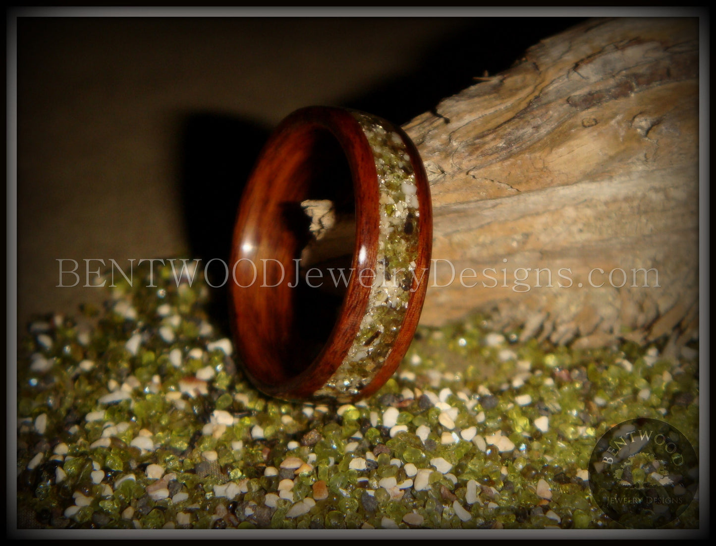 Bentwood Ring - Santos Rosewood Wood Ring with Hawaiian Papakolea Olivine Beach Sand Inlay handcrafted bentwood wooden rings wood wedding ring engagement