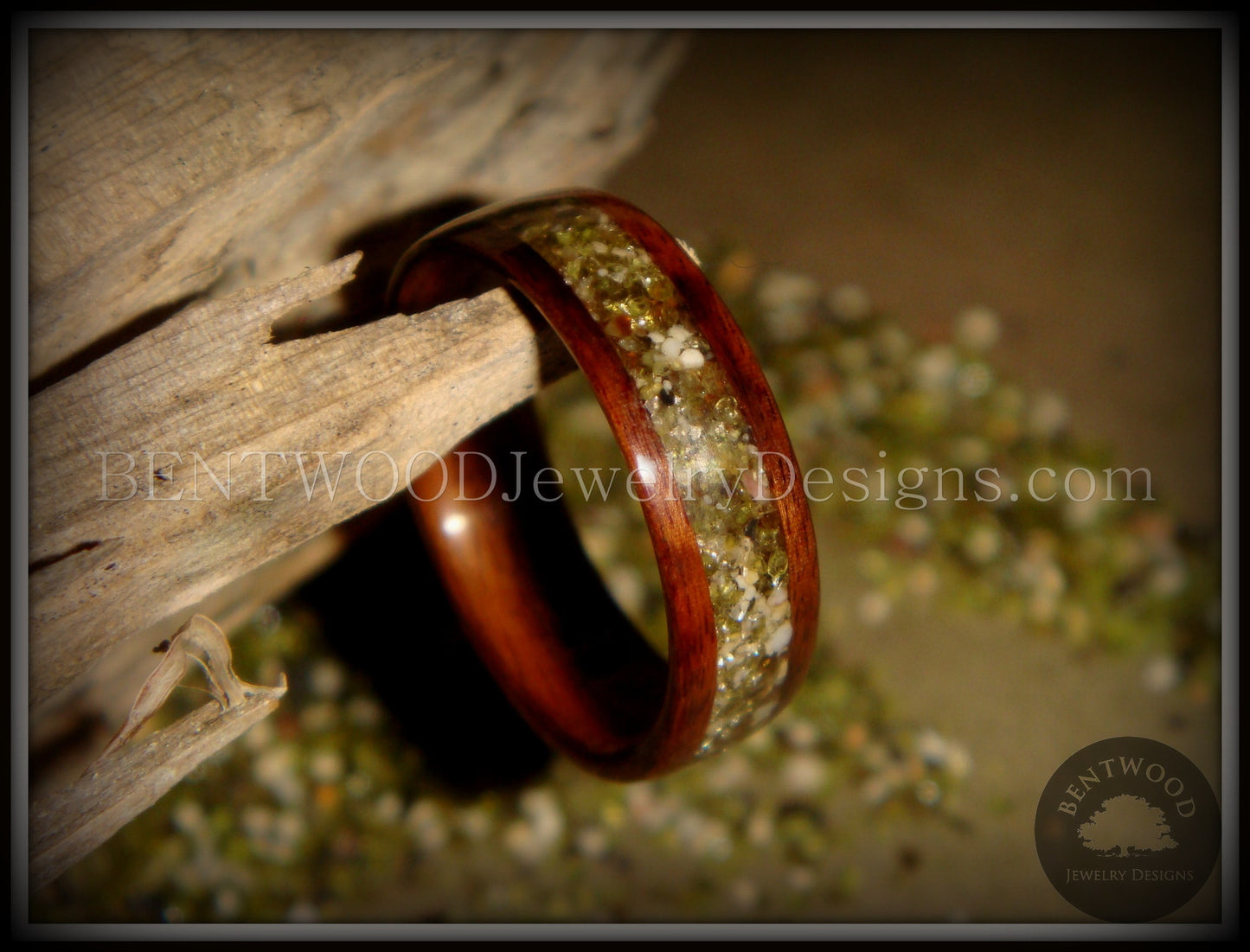 Bentwood Ring - Santos Rosewood Wood Ring with Hawaiian Papakolea Olivine Beach Sand Inlay handcrafted bentwood wooden rings wood wedding ring engagement