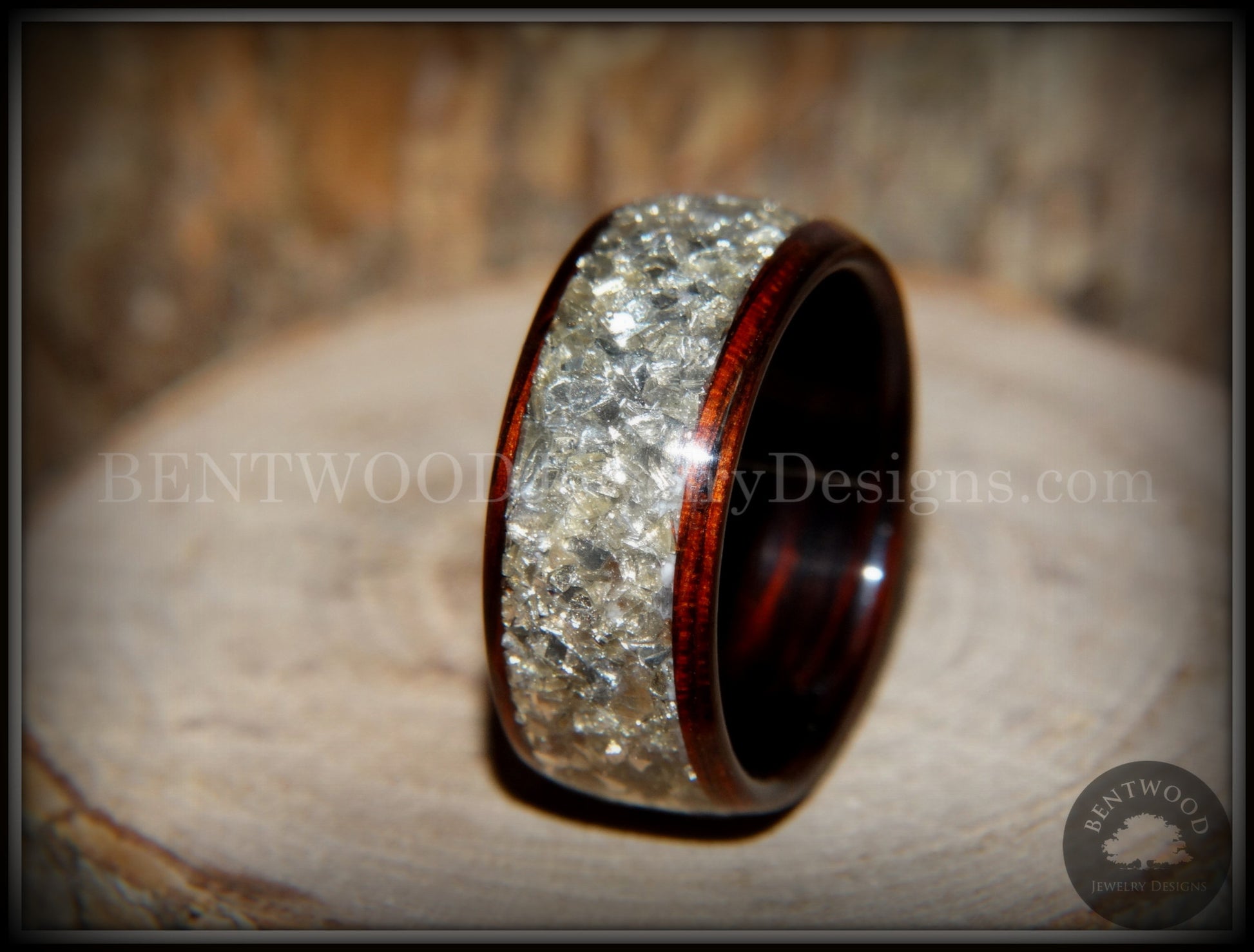 Bentwood Ring - Kingwood Wooden Ring with Wide Crushed Silver Glass Inlay handcrafted bentwood wooden rings wood wedding ring engagement