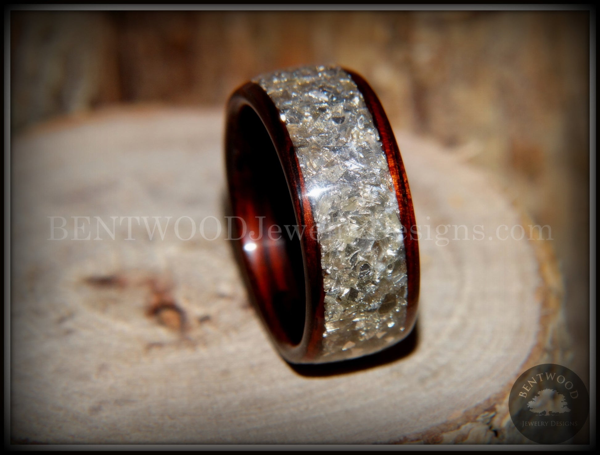 Bentwood Ring - Kingwood Wooden Ring with Wide Crushed Silver Glass Inlay handcrafted bentwood wooden rings wood wedding ring engagement
