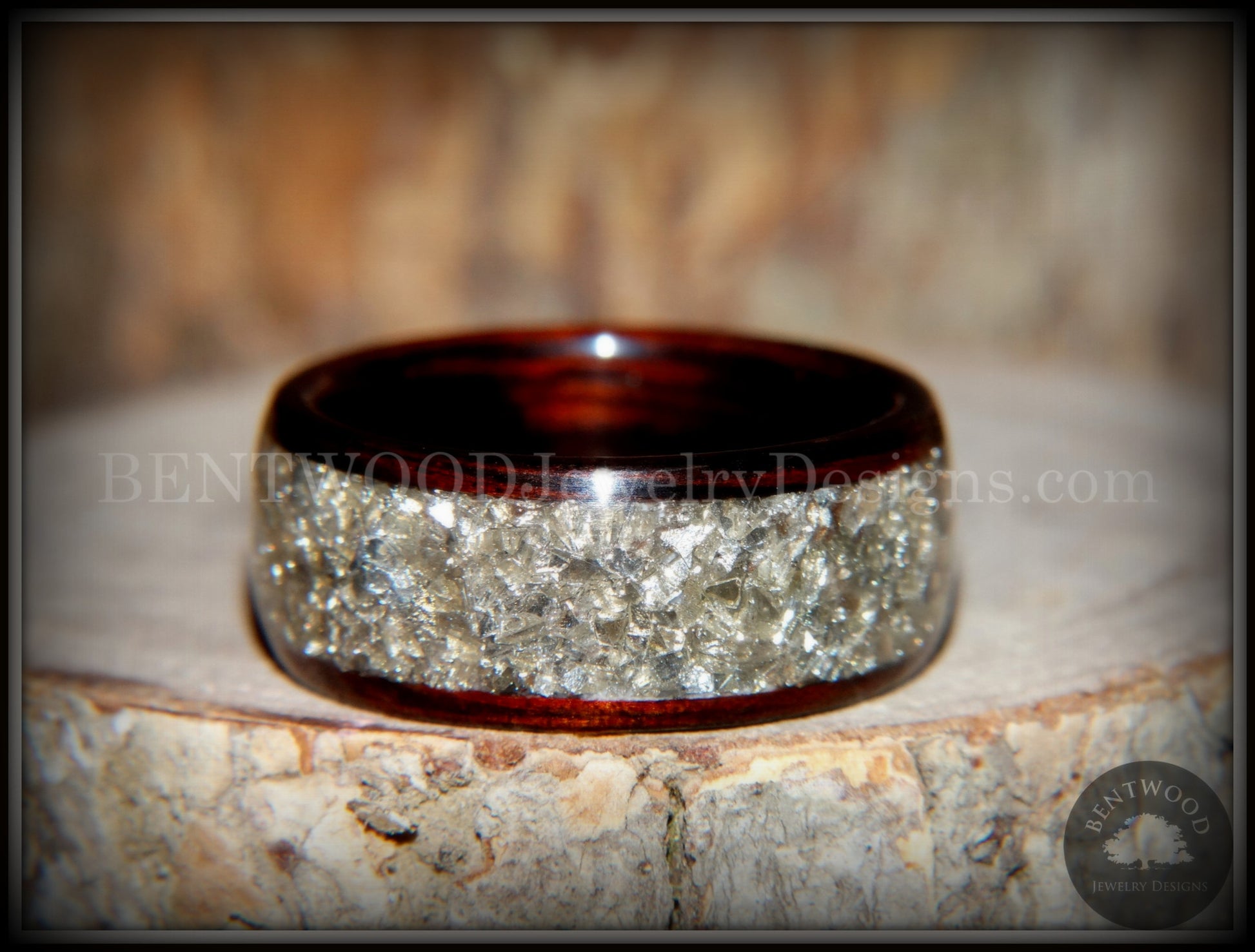 Bentwood Ring - Kingwood Wooden Ring with Wide Crushed Silver Glass Inlay handcrafted bentwood wooden rings wood wedding ring engagement