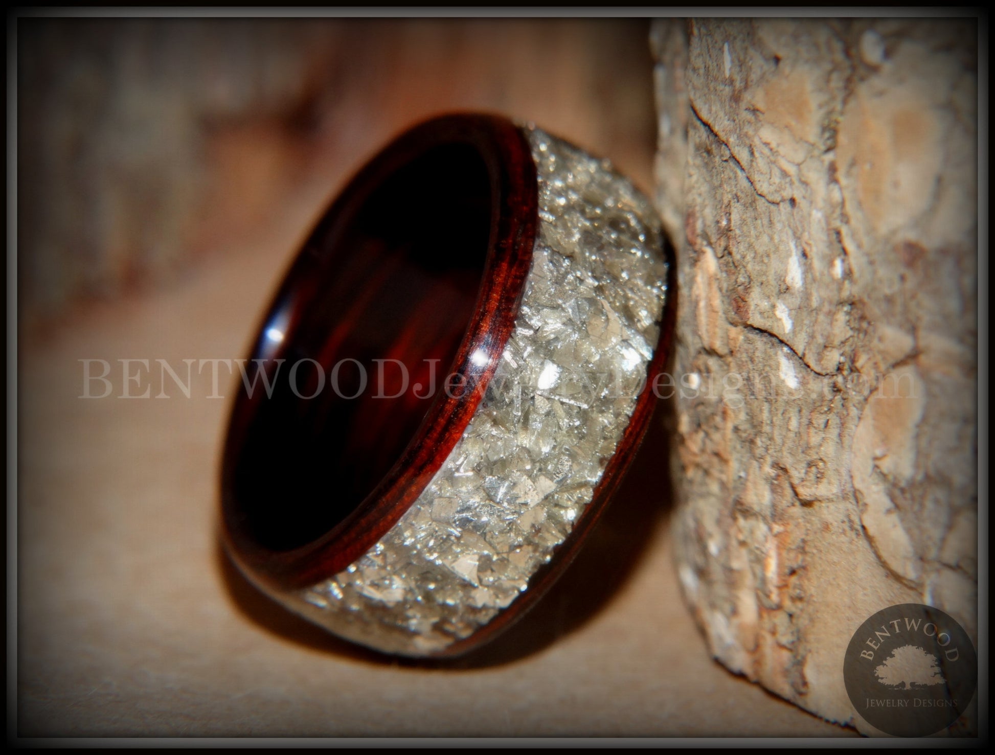 Bentwood Ring - Kingwood Wooden Ring with Wide Crushed Silver Glass Inlay handcrafted bentwood wooden rings wood wedding ring engagement
