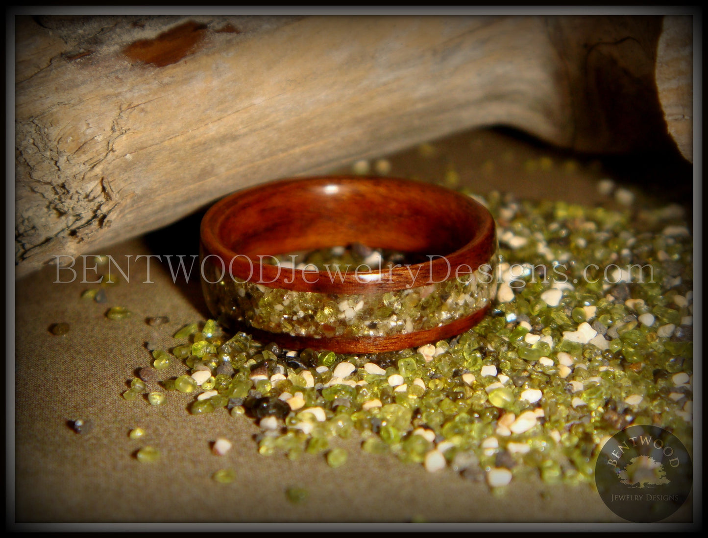Bentwood Ring - Santos Rosewood Wood Ring with Hawaiian Papakolea Olivine Beach Sand Inlay handcrafted bentwood wooden rings wood wedding ring engagement