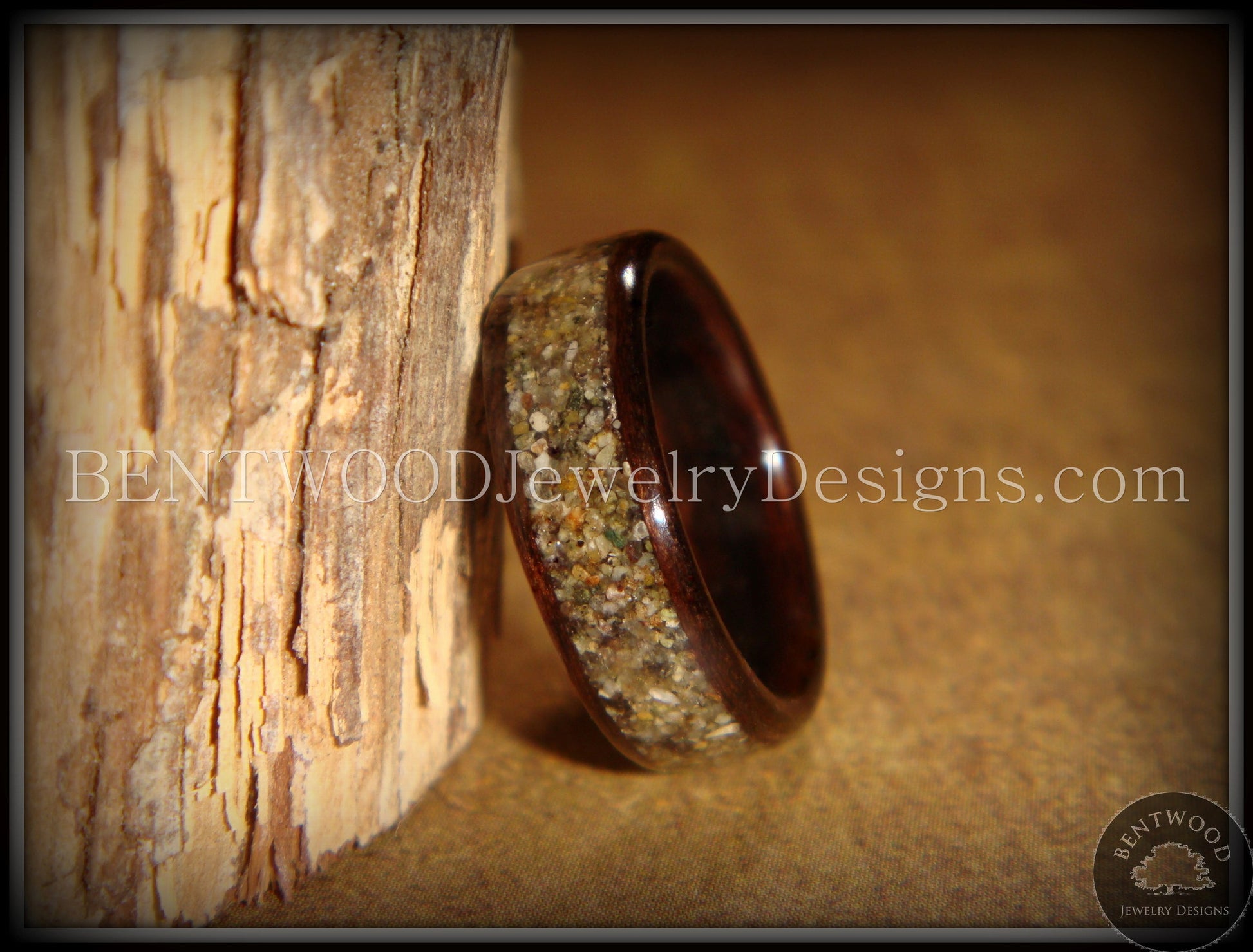 Bentwood Ring - Macassar Ebony Wood Ring with Canadian Beach Sand Inlay handcrafted bentwood wooden rings wood wedding ring engagement