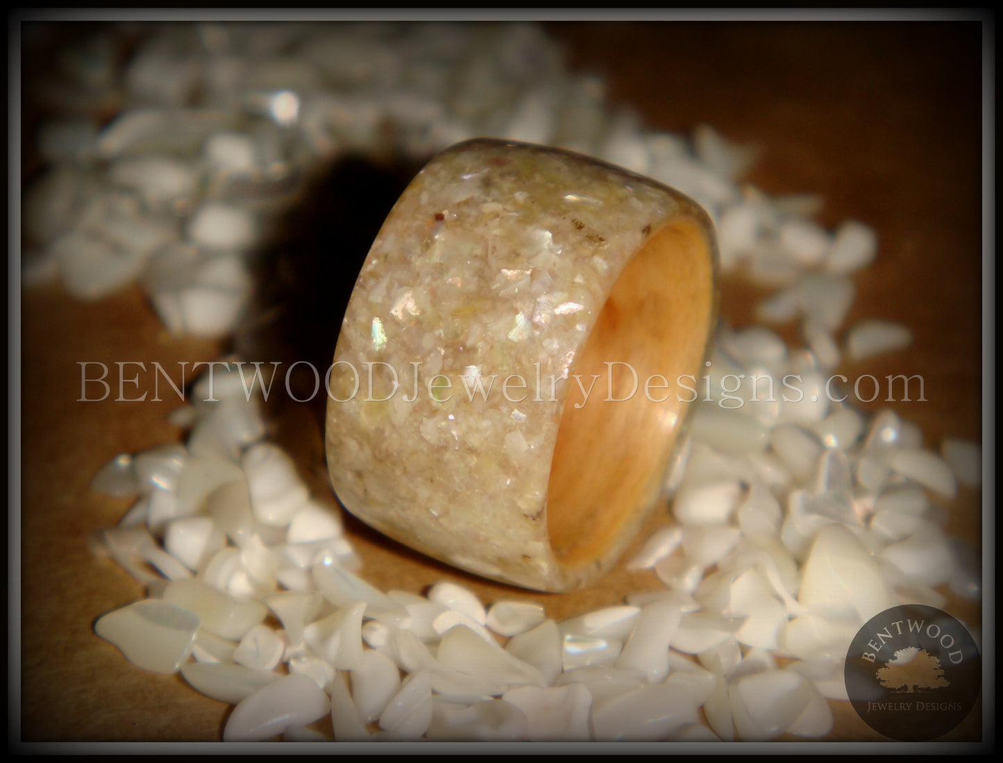 Bentwood Ring - American Maple Wood with Full Natural Mother of Pearl Inlay handcrafted bentwood wooden rings wood wedding ring engagement