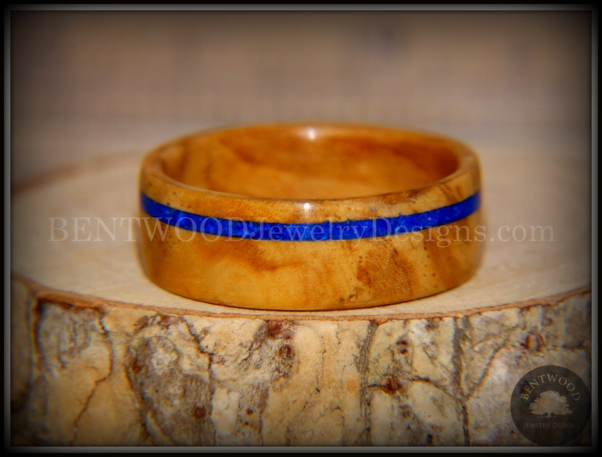 Bentwood Ring - Bethlehem Olive Wood Ring with Offset Blue Lapis Inlay handcrafted bentwood wooden rings wood wedding ring engagement