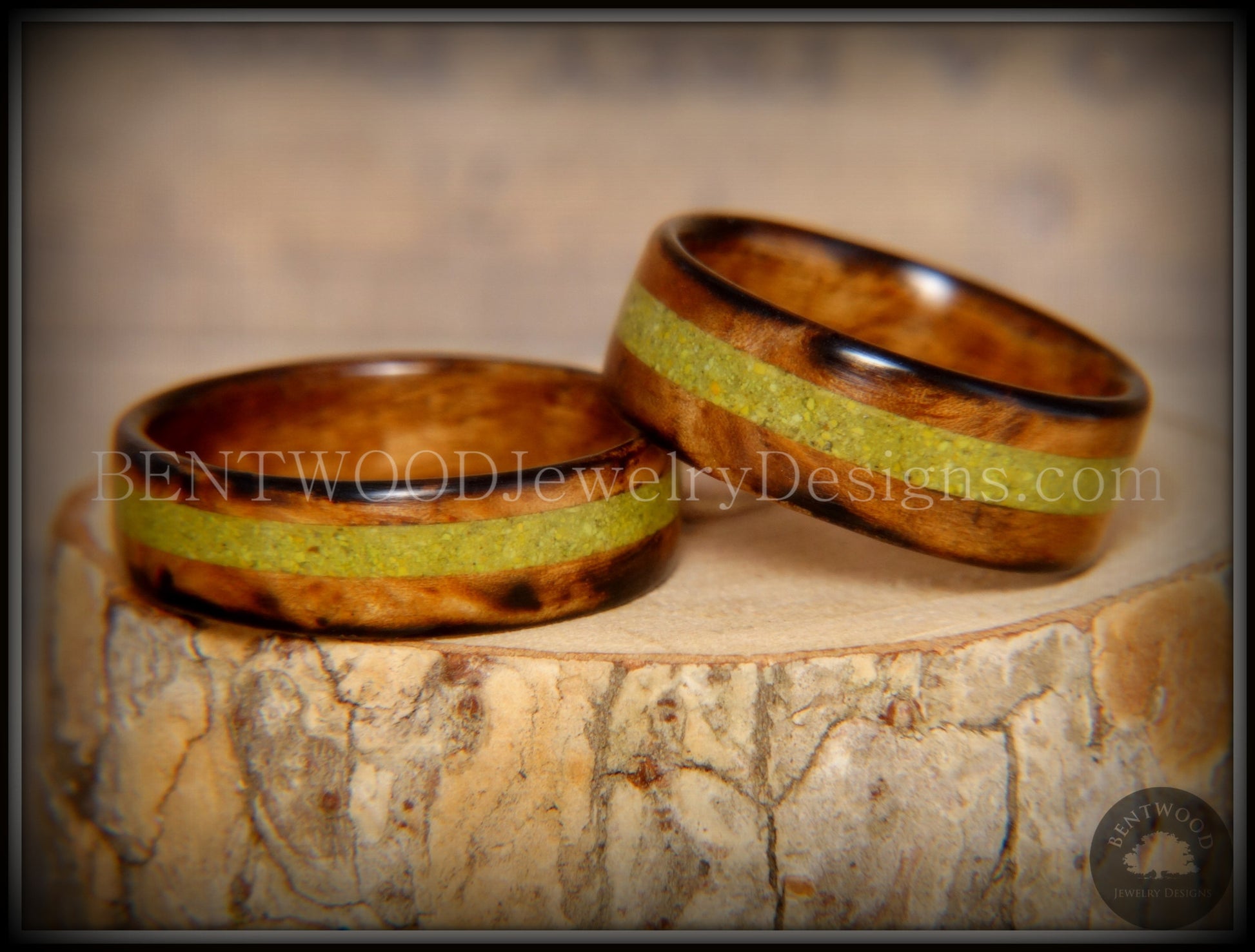 Bentwood Rings Set - "Smokies" Bethlehem Olivewood Wood Ring Set with Green Turquoise Inlays handcrafted bentwood wooden rings wood wedding ring engagement