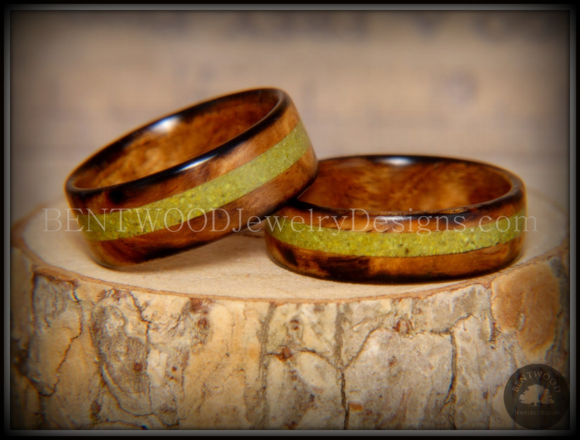 Bentwood Rings Set - "Smokies" Bethlehem Olivewood Wood Ring Set with Green Turquoise Inlays handcrafted bentwood wooden rings wood wedding ring engagement