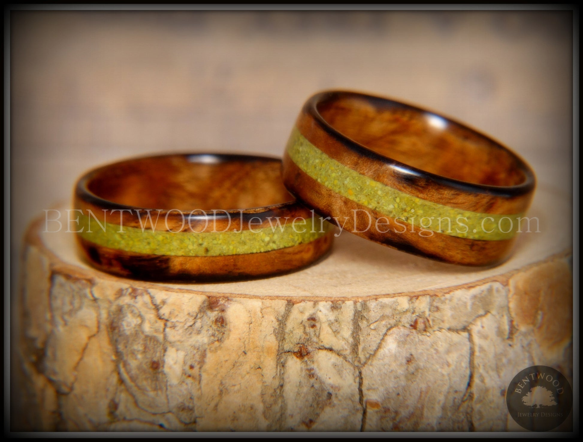 Bentwood Rings Set - "Smokies" Bethlehem Olivewood Wood Ring Set with Green Turquoise Inlays handcrafted bentwood wooden rings wood wedding ring engagement