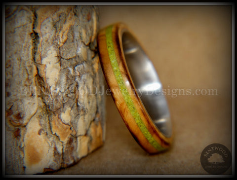 Bentwood Ring - "Inlaid Ole Smoky" Olive Wood Ring with Green Apple Turquoise Inlay on Surgical Steel