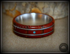 Bentwood Ring - "Tracks Melody" Padauk on Titanium Core with Walnut Fret Inlay and Turquoise Dot Inlay handcrafted bentwood wooden rings wood wedding ring engagement
