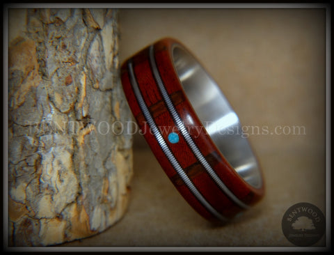 Bentwood Ring - "Tracks Melody" Padauk on Titanium Core with Walnut Fret Inlay and Turquoise Dot Inlay