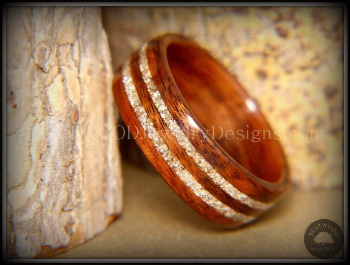 Bentwood Ring - S. American Rosewood Wooden Ring with Double German Silver Glass Inlay handcrafted bentwood wooden rings wood wedding ring engagement