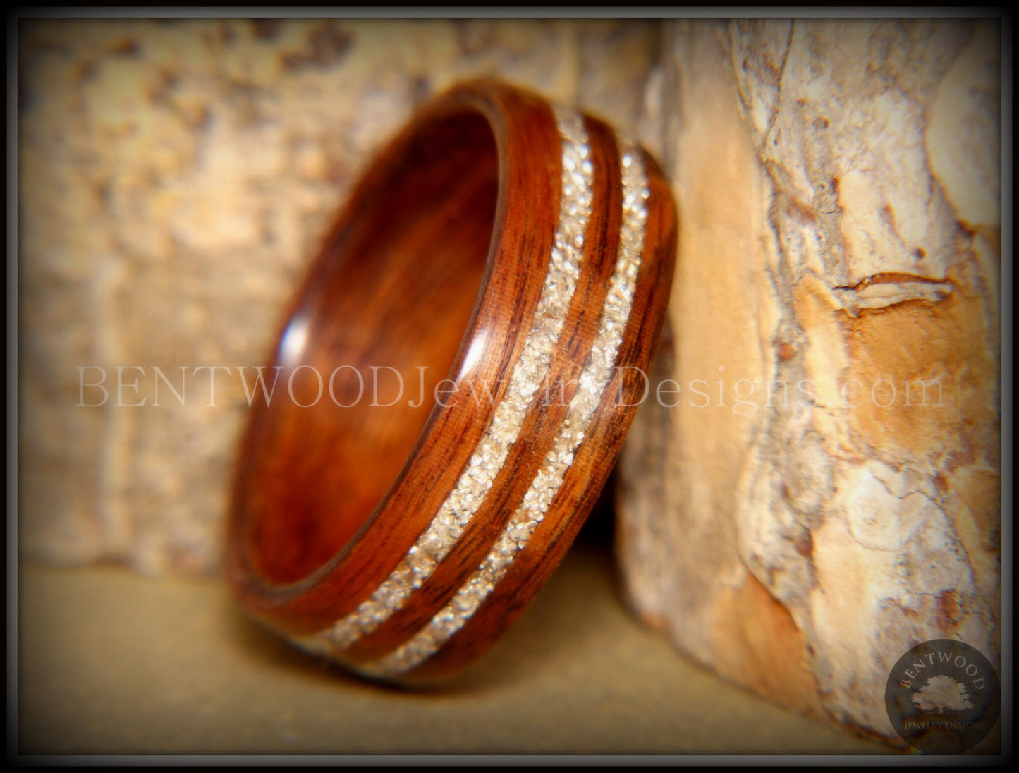 Bentwood Ring - S. American Rosewood Wooden Ring with Double German Silver Glass Inlay handcrafted bentwood wooden rings wood wedding ring engagement