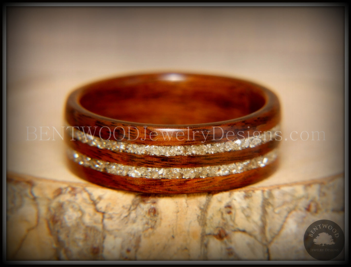 Bentwood Ring - S. American Rosewood Wooden Ring with Double German Silver Glass Inlay handcrafted bentwood wooden rings wood wedding ring engagement