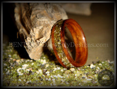 Bentwood Ring - Santos Rosewood Wood Ring with Hawaiian Papakolea Olivine Beach Sand Inlay handcrafted bentwood wooden rings wood wedding ring engagement