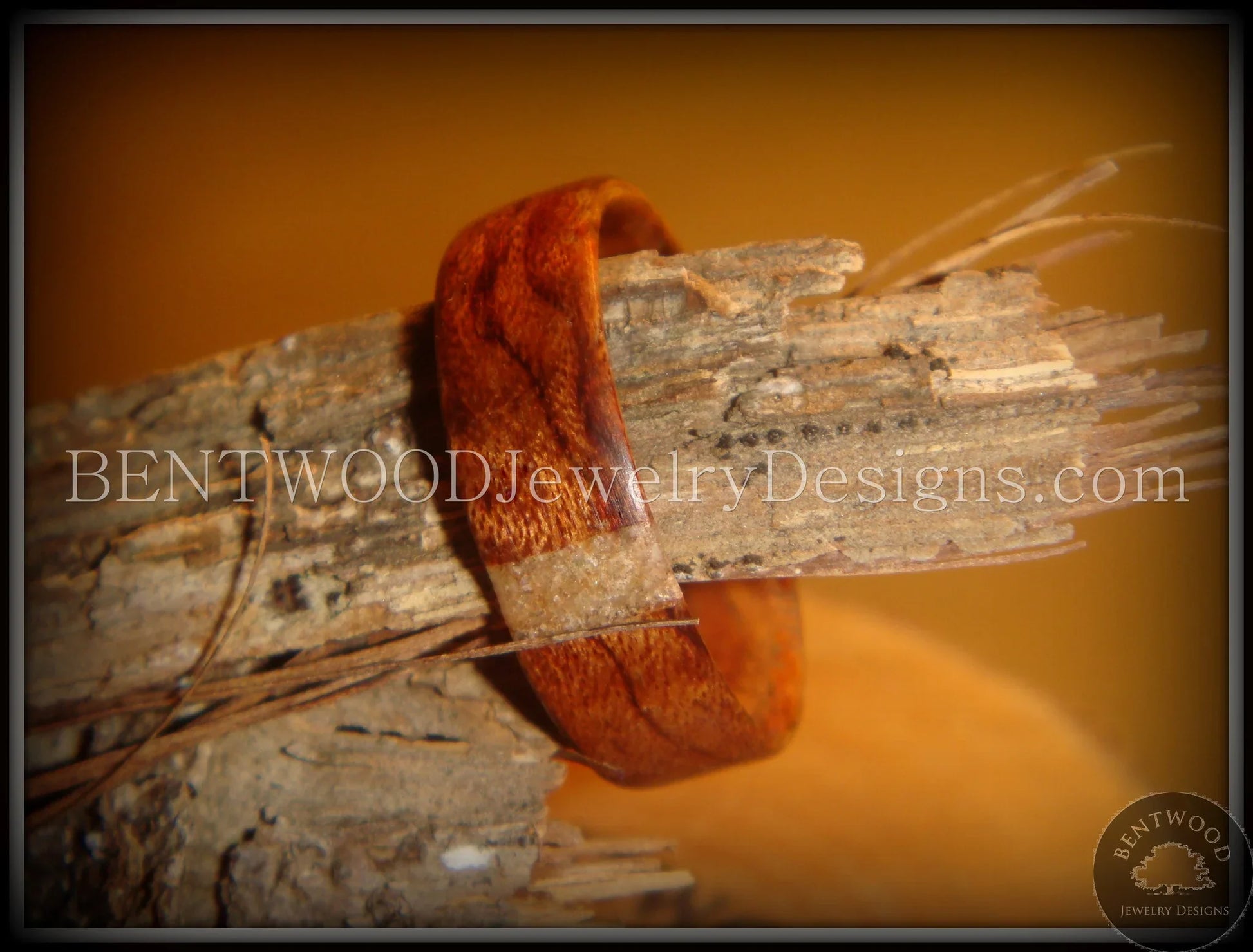 Bentwood Ring - Bubinga Wood and Transverse Sand Inlay Accent handcrafted bentwood wooden rings wood wedding ring engagement