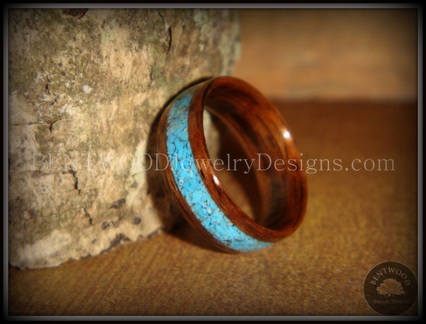 Bentwood Ring - E. Indian Rosewood Ring with Turquoise Inlay handcrafted bentwood wooden rings wood wedding ring engagement