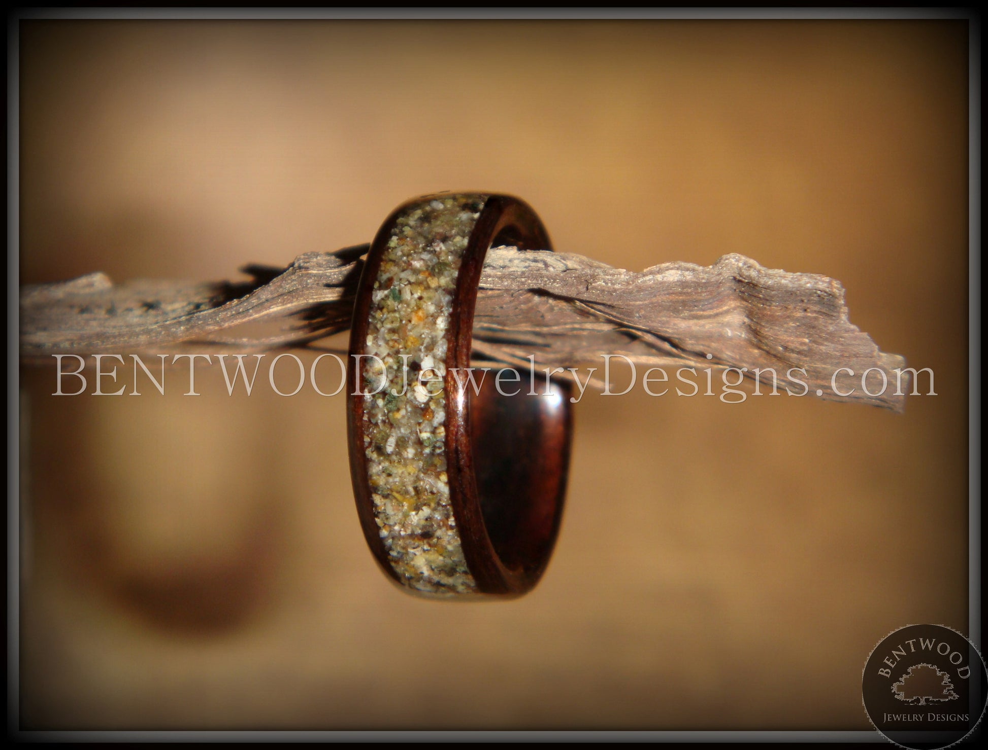 Bentwood Ring - Macassar Ebony Wood Ring with Canadian Beach Sand Inlay handcrafted bentwood wooden rings wood wedding ring engagement