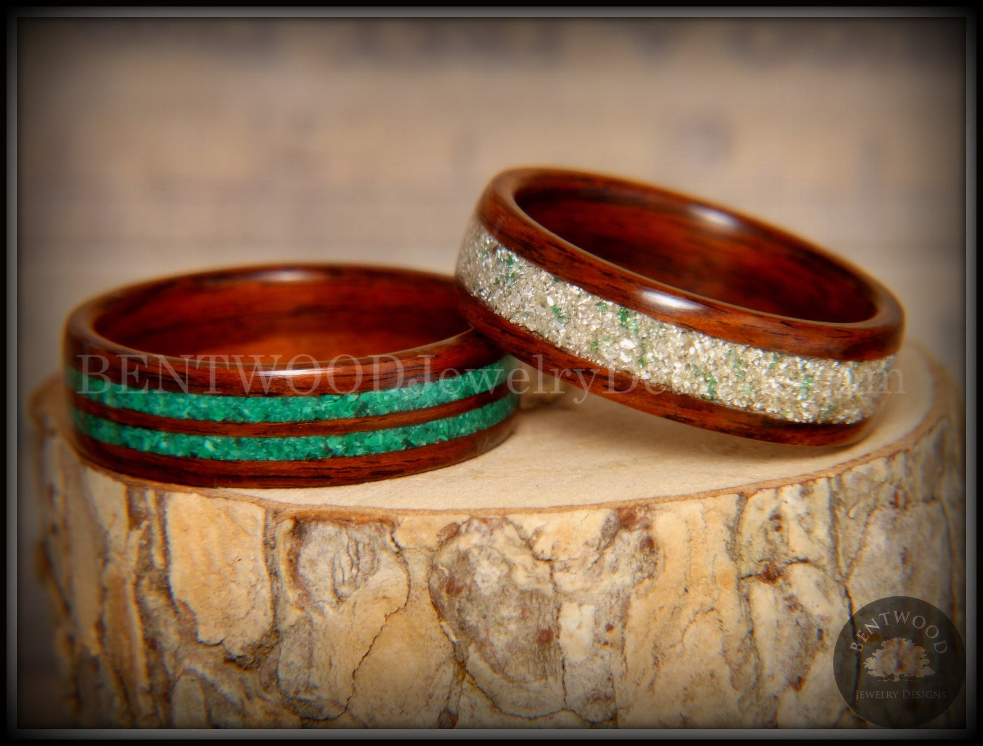 Bentwood Rings Set - "Green Coupled" Rosewood Wood Rings with Malachite and Silver and Green Mix German Glass Inlay handcrafted bentwood wooden rings wood wedding ring engagement