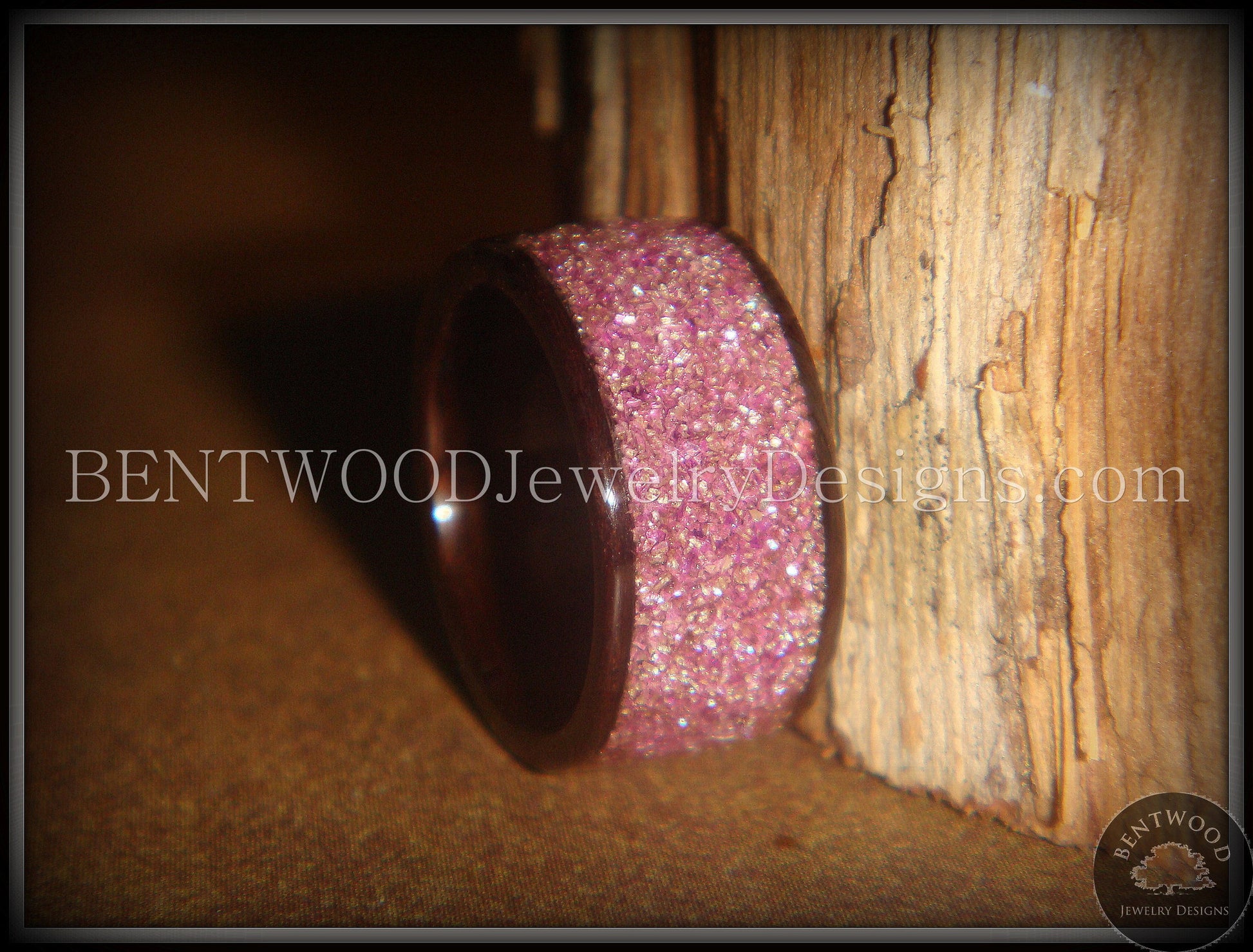 Bentwood Ring - Macassar Ebony Wood Ring with Crushed Lilac Glass Inlay handcrafted bentwood wooden rings wood wedding ring engagement