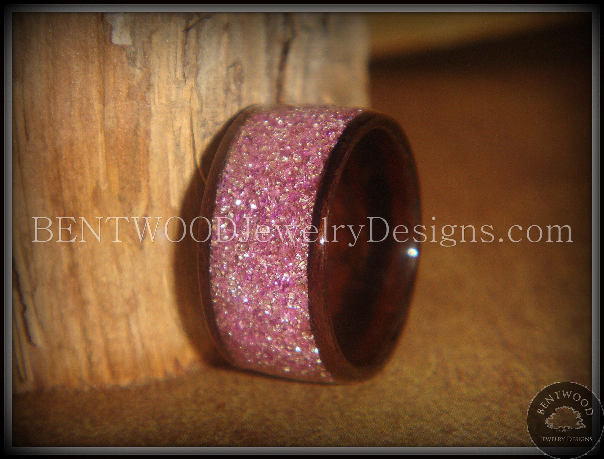 Bentwood Ring - Macassar Ebony Wood Ring with Crushed Lilac Glass Inlay handcrafted bentwood wooden rings wood wedding ring engagement