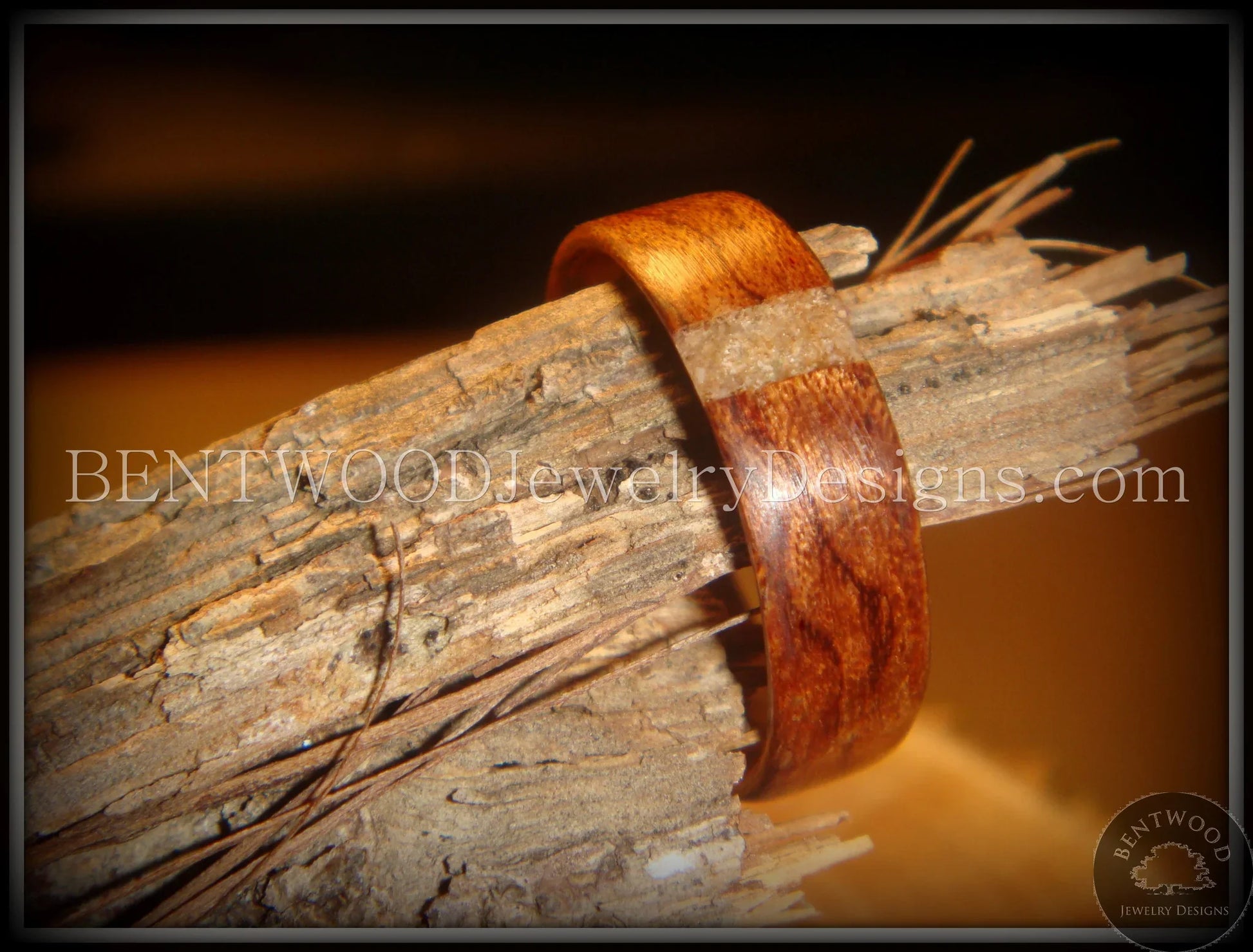 Bentwood Ring - Bubinga Wood and Transverse Sand Inlay Accent handcrafted bentwood wooden rings wood wedding ring engagement