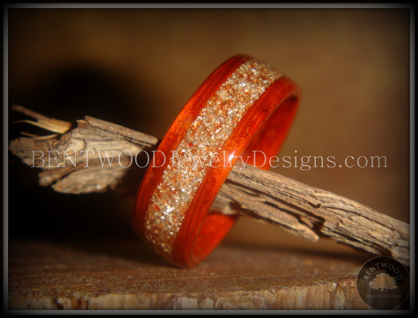 Bentwood Ring - African Padauk Wood Ring with German Silver and Copper Glass Inlay handcrafted bentwood wooden rings wood wedding ring engagement