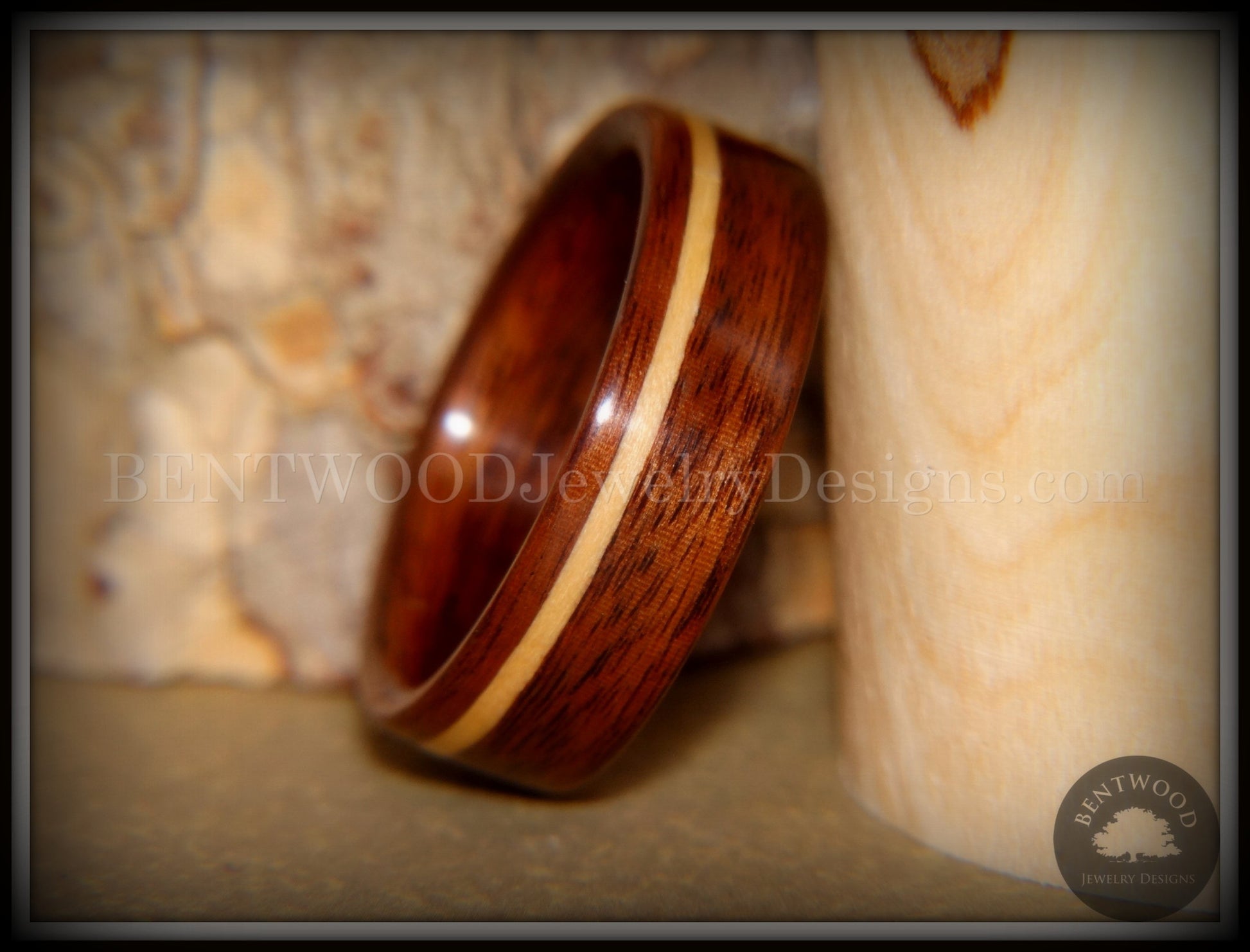 Bentwood Ring - S. American Rosewood with N. American Maple Inlay handcrafted bentwood wooden rings wood wedding ring engagement