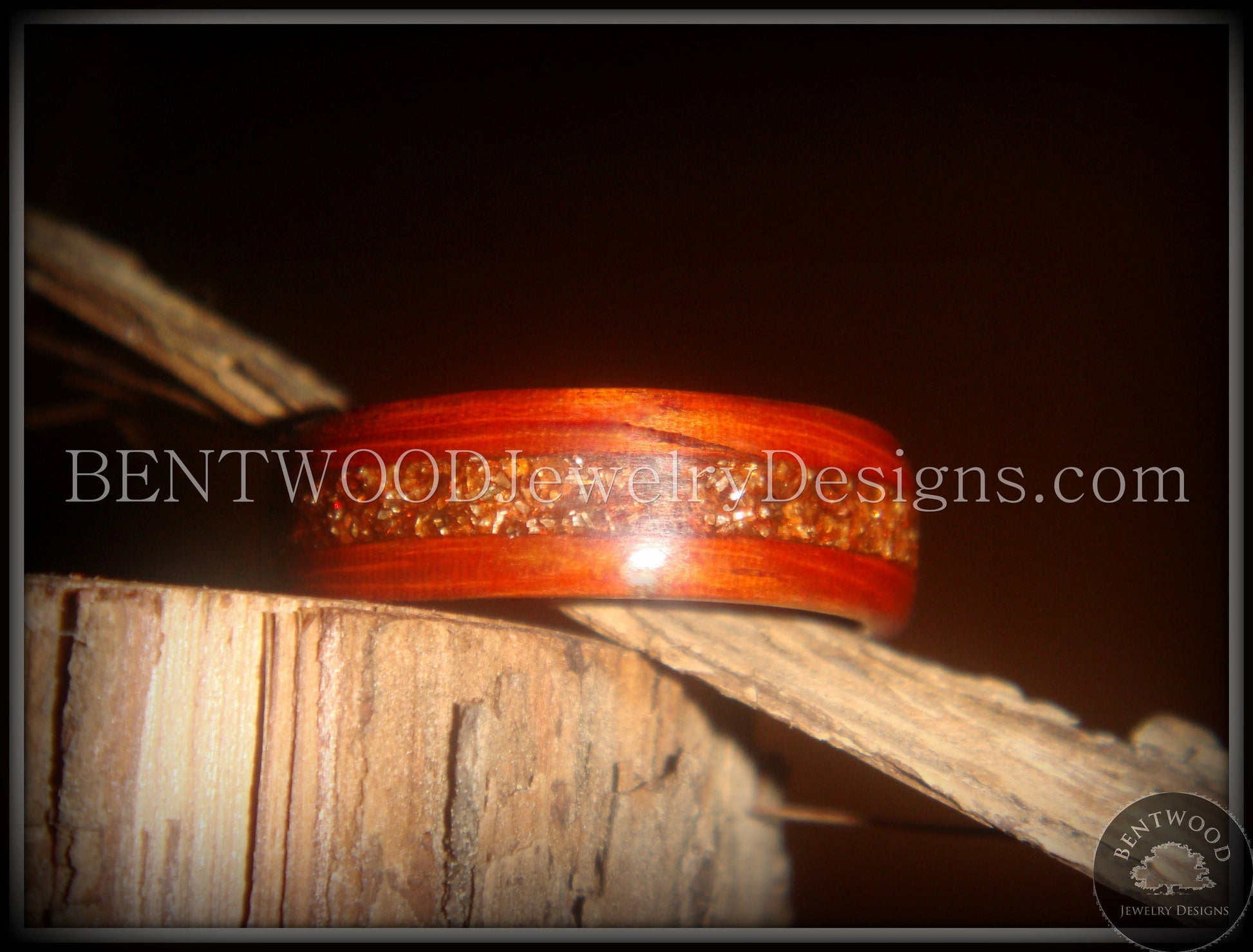 Bentwood Ring - African padauk wood ring with German copper and amber glass inlay handcrafted bentwood wooden rings wood wedding ring engagement