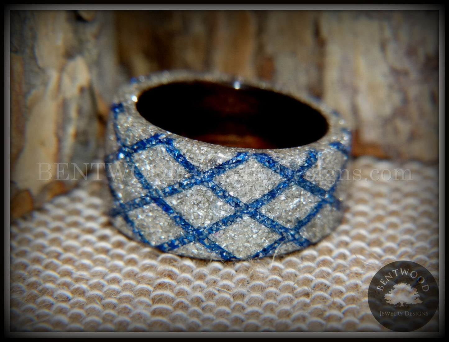 Bentwood Ring - "The Blue Diamond Waffle Wedge" Ebony Wood German Silver and Blue Glass Inlay handcrafted bentwood wooden rings wood wedding ring engagement