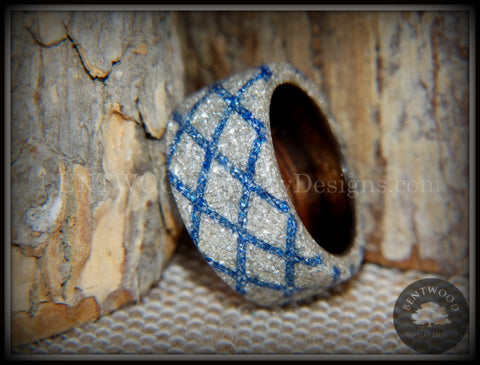 Bentwood Ring - "The Blue Diamond Waffle Wedge" Ebony Wood German Silver and Blue Glass Inlay