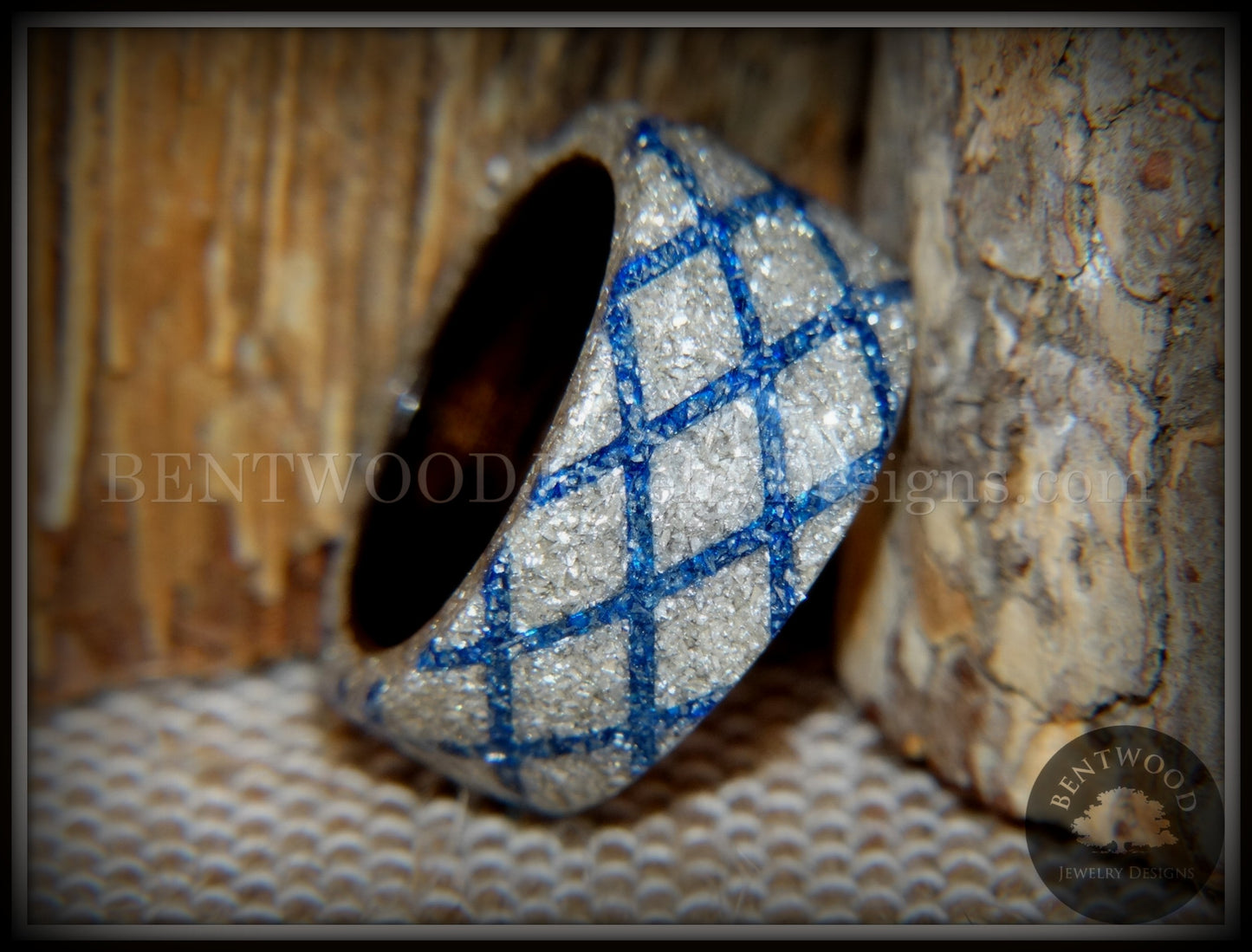 Bentwood Ring - "The Blue Diamond Waffle Wedge" Ebony Wood German Silver and Blue Glass Inlay handcrafted bentwood wooden rings wood wedding ring engagement
