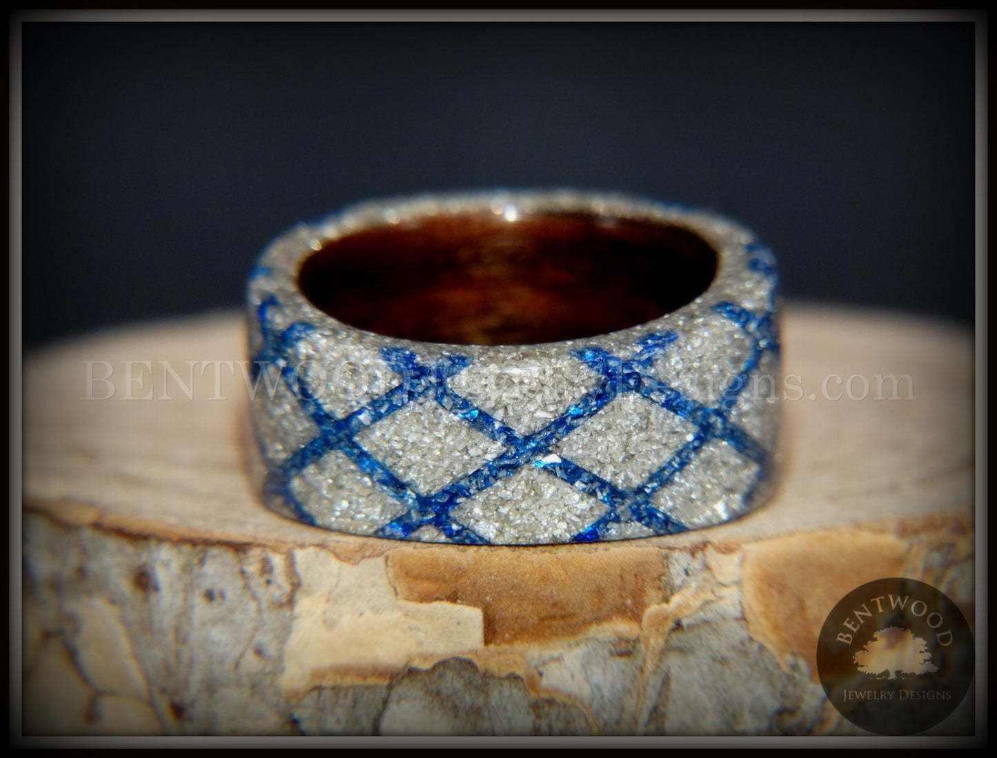 Bentwood Ring - "The Blue Diamond Waffle Wedge" Ebony Wood German Silver and Blue Glass Inlay handcrafted bentwood wooden rings wood wedding ring engagement