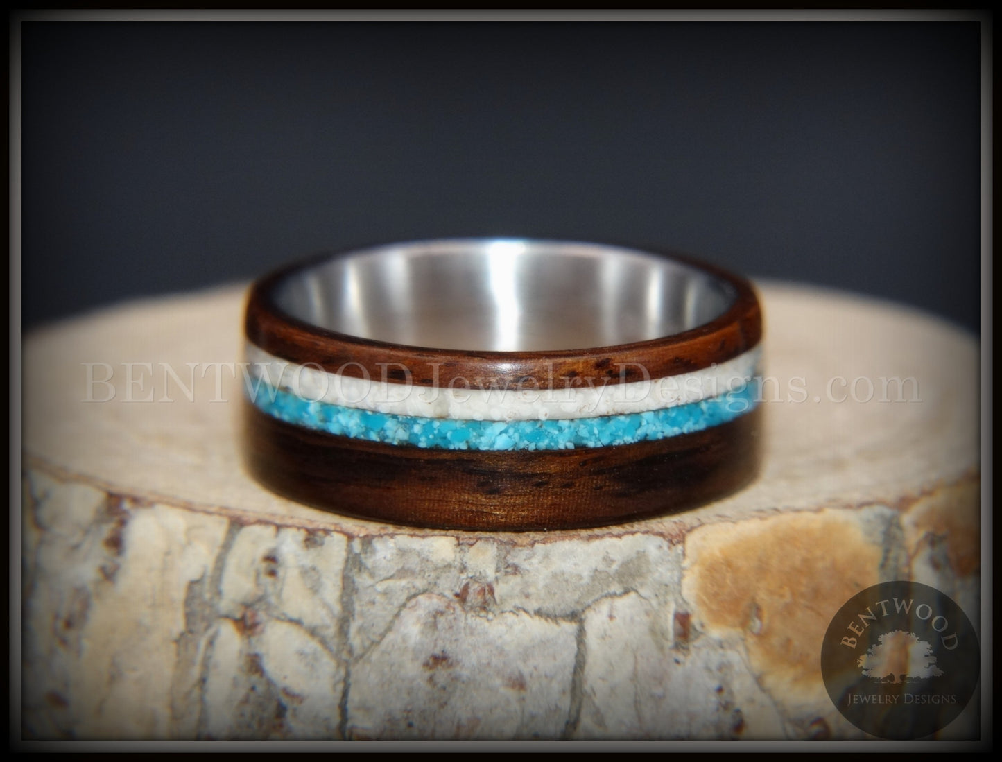 Bentwood Rings Set - "Paired Single" Rosewood Wood Ring with Sleeping Beauty Turquoise and Beach Sand Inlay handcrafted bentwood wooden rings wood wedding ring engagement