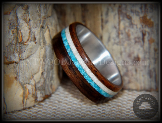 Bentwood Rings Set - "Paired Single" Rosewood Wood Ring with Sleeping Beauty Turquoise and Beach Sand Inlay handcrafted bentwood wooden rings wood wedding ring engagement