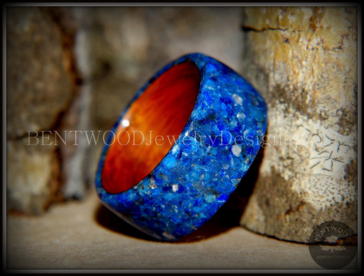 Bentwood Ring - Rosewood Wooden Ring with Blue Lapis Inlay handcrafted bentwood wooden rings wood wedding ring engagement
