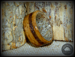 Bentwood Ring - "Dino Hunter" Whiskey Oak Barrel Oak, Deer Antler and Dinosaur Fossil handcrafted bentwood wooden rings wood wedding ring engagement