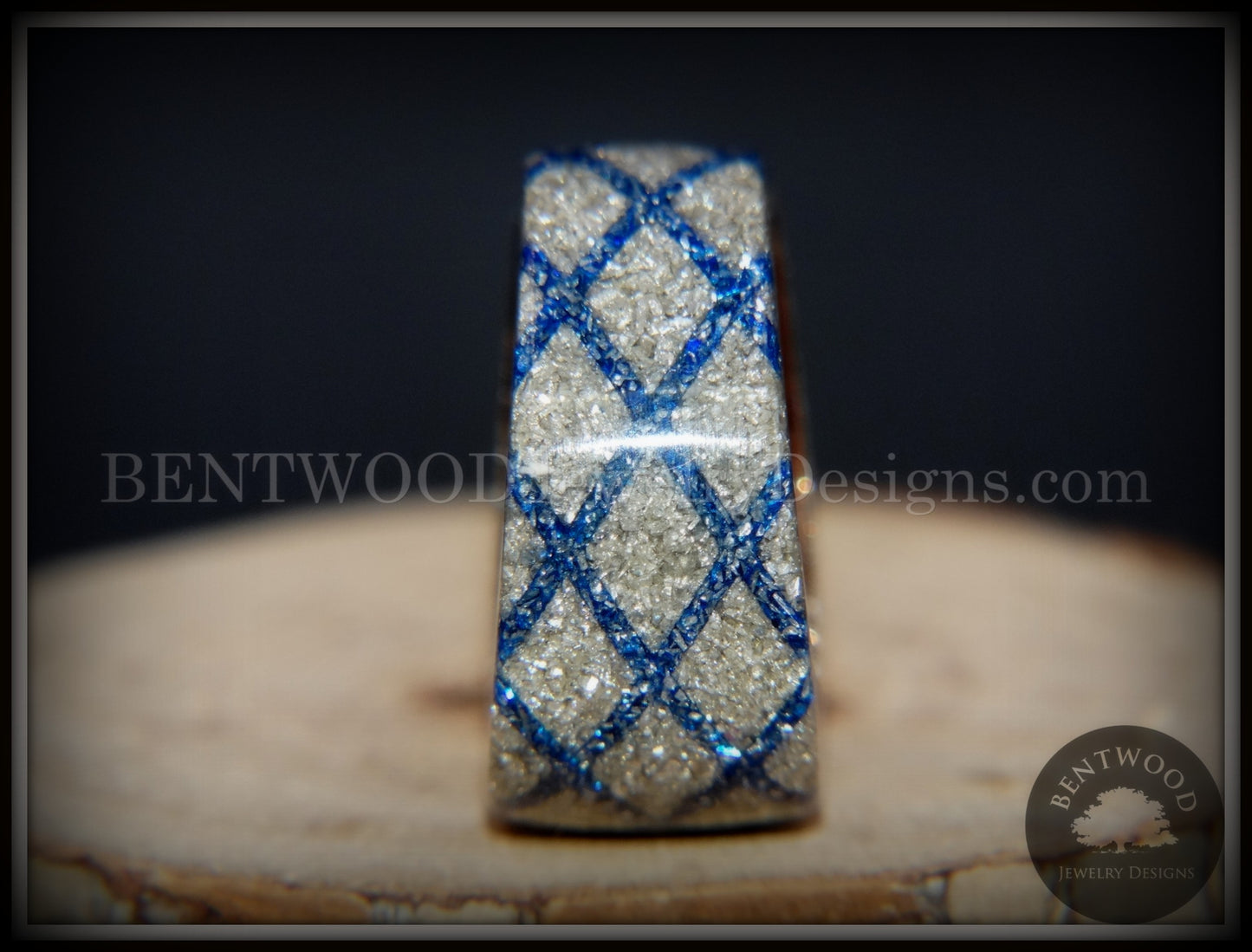 Bentwood Ring - "The Blue Diamond Waffle Wedge" Ebony Wood German Silver and Blue Glass Inlay handcrafted bentwood wooden rings wood wedding ring engagement