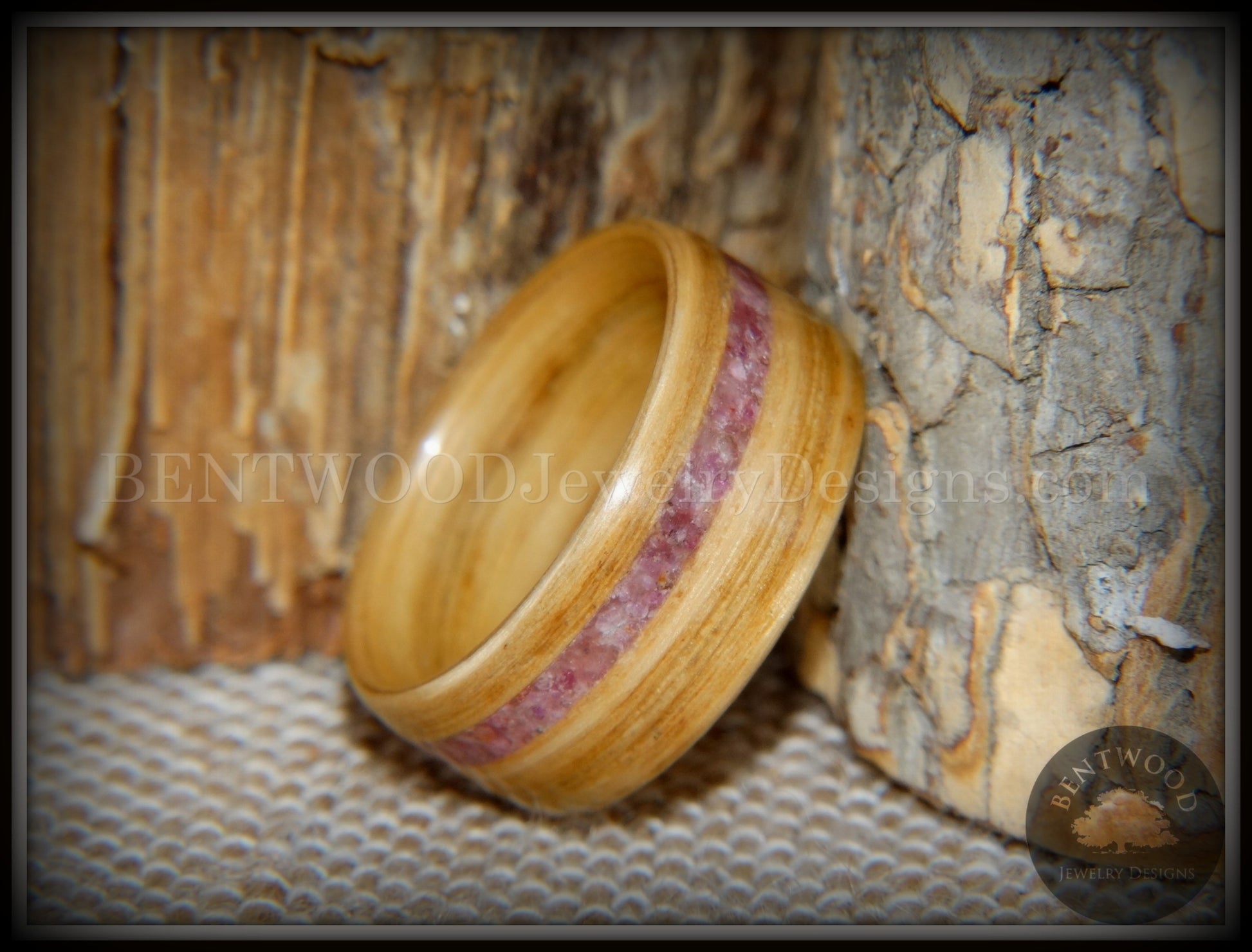 Bentwood Ring - "Ruby Rose" North American White Oak Ruby Inlay handcrafted bentwood wooden rings wood wedding ring engagement