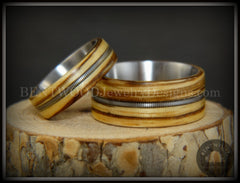 Bentwood Rings Set - "Striped Rock & Roll Couple" Zebrawood with Matching Silver Electric Guitar String Inlays on Titanium Steel Core handcrafted bentwood wooden rings wood wedding ring engagement