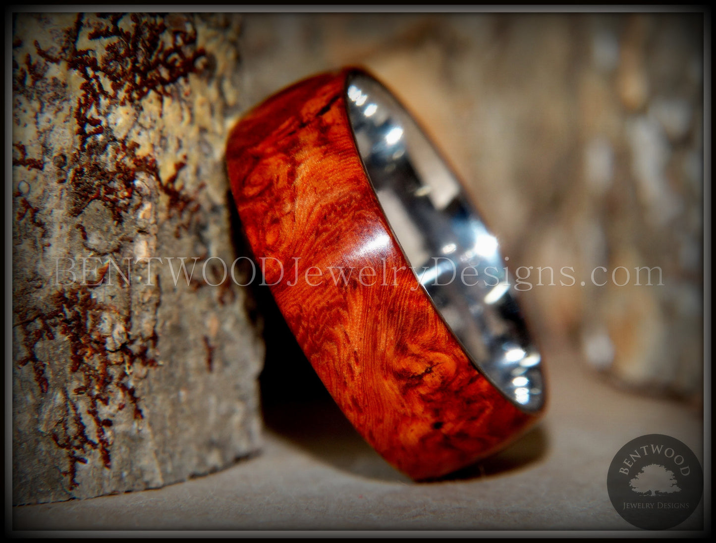 Bentwood Ring - "Rarity" Amboyna Burl Wood Ring with Titanium Steel Comfort Fit Metal Core handcrafted bentwood wooden rings wood wedding ring engagement